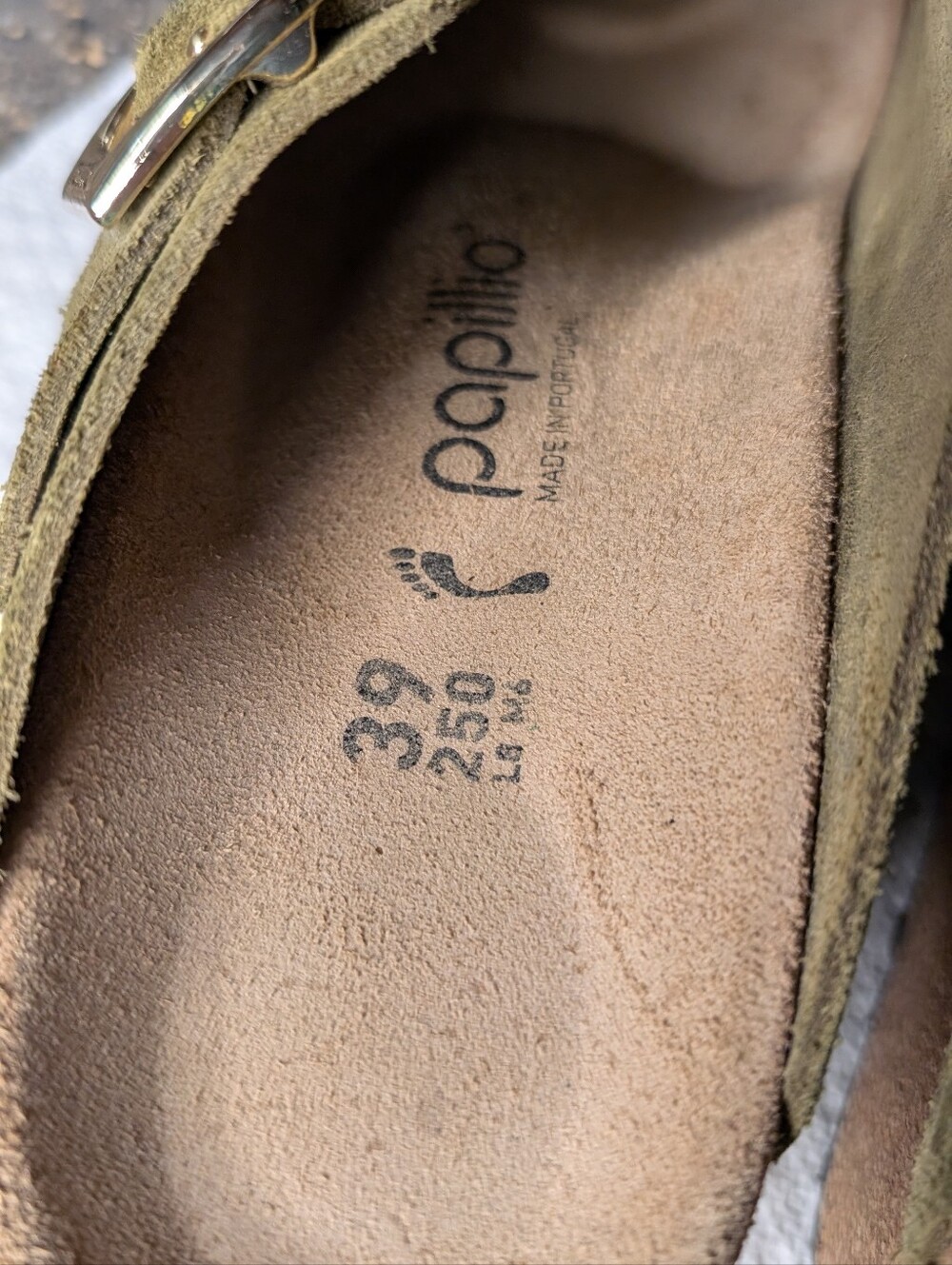 As-Is Papillio Birkenstock Fanny Wedge Clog Green Suede Size 39 cork damage flaw - Picture 2 of 10